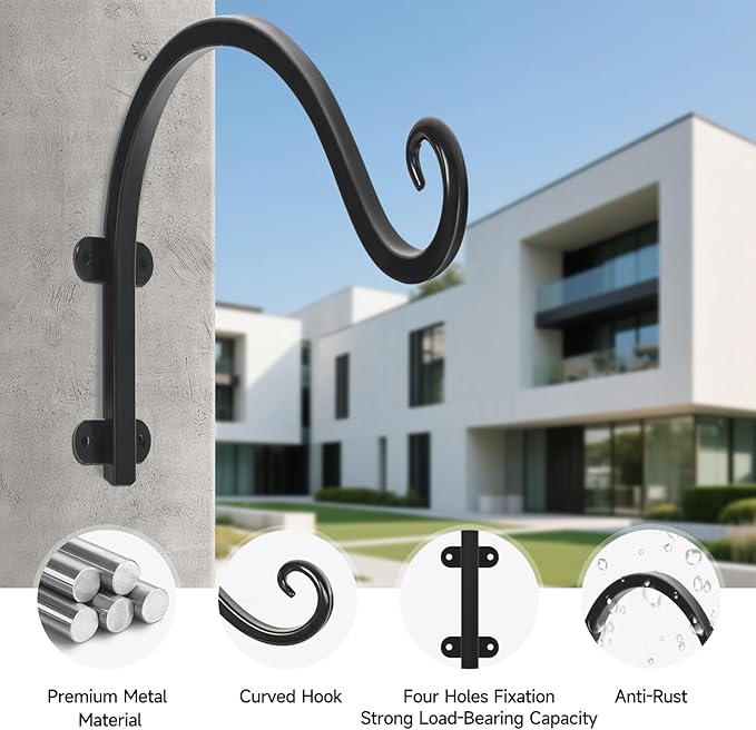 4 Pack 12Inch Plant Hanger, Sturdy Hanging Plant Bracket Hooks Outdoor, Bird Feeder Hanger for Bird Feeders, Planters, Lanterns, Wind Chimes Indoor Outdoor (Black)