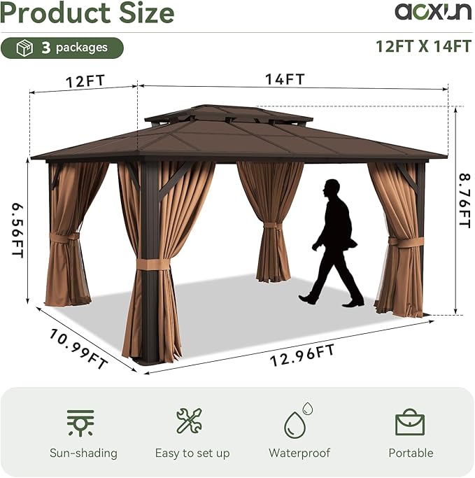 Aoxun 12'x14' Hardtop Gazebo with Double Polycarbonate Roof, Aluminum Frame Permanent Pavilion Includes Netting & Curtains for Patio, Lawn & Garden (Khaki)