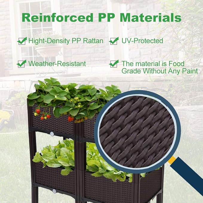 VINGLI Square Raised Garden Bed, Self-Watering Plastic Planter for Indoor Outdoor Vegetables, Fruits, Potato, Flowers, All Weather (4 Pcs)