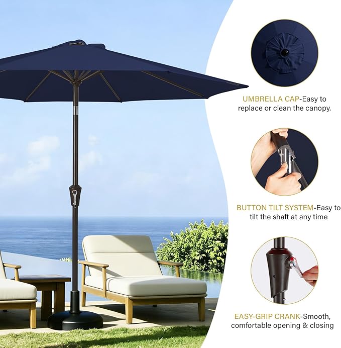 MEWAY 9ft Patio Umbrella Outdoor Table Umbrellas with Push Button Tilt and Crank, Market Umbrella 8 Sturdy Ribs for Deck, Garden, Pool and Backyard, Navy
