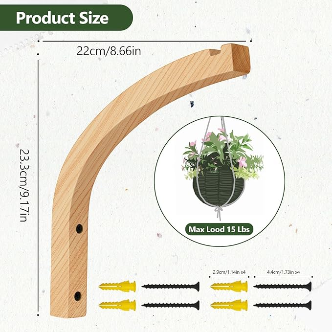 Wooden Plant Hangers - Hanging Plant Hooks for Indoor Outdoor, Wood Hanging Wall Plant Hooks Heavy Duty for Flower Pots Wind Chimes and Bird Feeders(2-Pack,8-Inch)