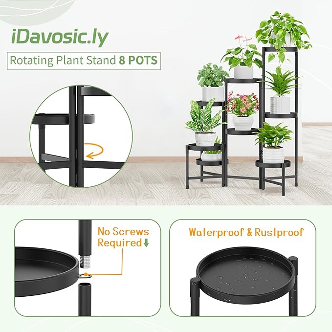 iDavosic.ly Plant Stand Indoor Outdoor, 8 Tier Corner Metal Flower Display Holder Shelf, Easy Assembly Folding Tall Orchid Rack for Patio Balcony Porch Garden Living Room House, Black