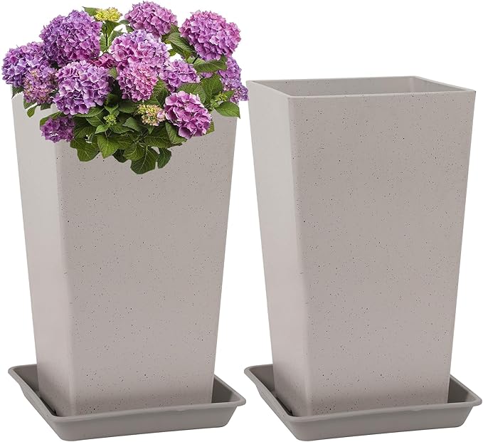 Set of 2 Tall Planter, 21 inch Large Plastic Planter with Drain Hole & Saucers, Large Outdoor Planters for Porch, Garden, Patio, Balcony(Light Gray)