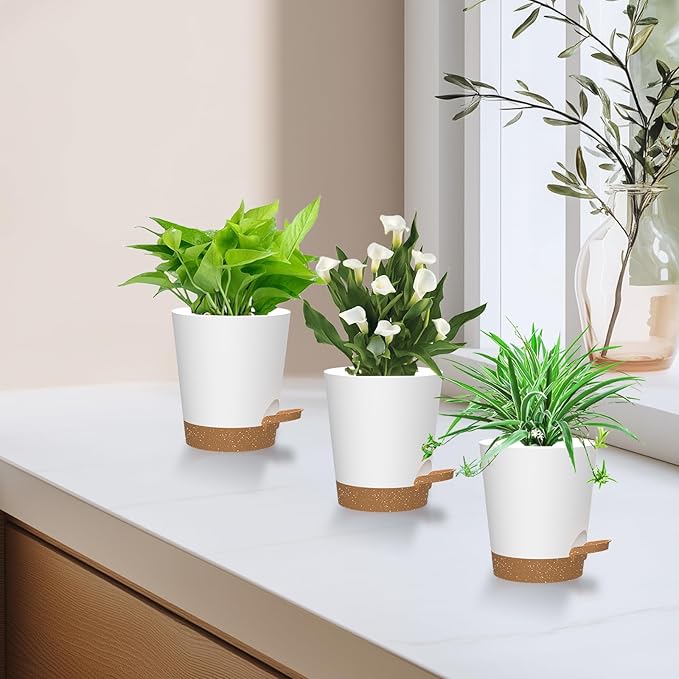 Self Watering Pots, 4 inch Flower Pots with Multi Mesh Drainage Holes, Small Platic Planters for Indoor Outdoor Garden Plants and Flowers (Whtie with Brown Tray, 4")