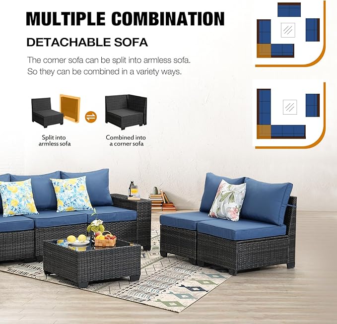 10 Pieces Patio Furniture Set All-Weather Outdoor Wicker Sectional Conversation Sofa Rattan Patio Seating Sofa with Cushion and Glass Table for Porch Poolside,Navy