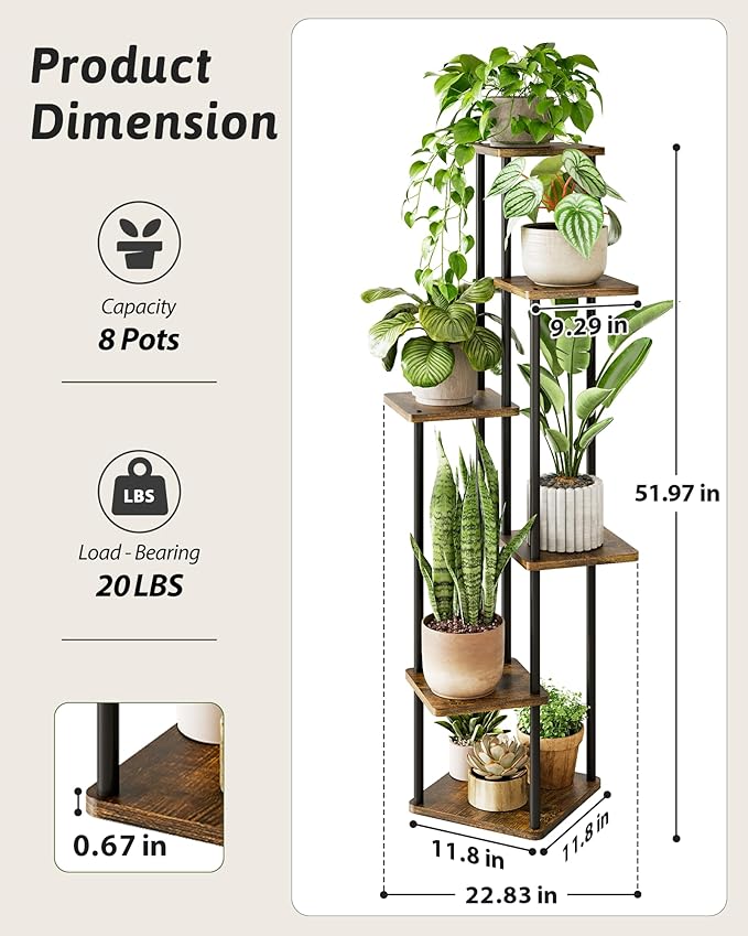 Corner Plant Stand Indoor 6 Tiered Plant Shelf for Multiple Plants Tall Plant Stand Shelf Wood Plant Stands Metal Shelving for Living Room Bedroom Balcony Brown Oak