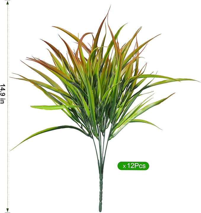 Ivydale 12Pcs Artificial Plants Outdoor Fake Plastic Grass Spring Decor UV Resistant Faux Greenery Stems Bushes Outside Fake Plants for Planters Patio Porch Window Box Pathway Garden Home Decor Yellow