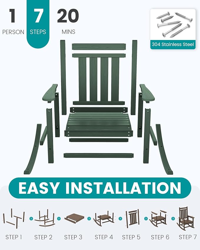 SERWALL Oversized Outdoor Rocking Chair Set of 2, HDPE Rocker for Adults, Patio Rocking Chairs for Porch, Green