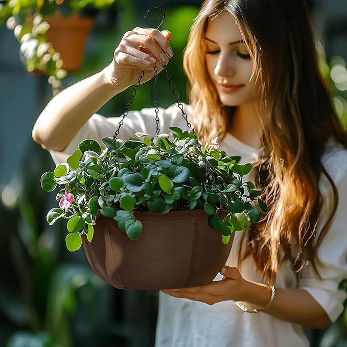 T4U Hanging Planters for Outdoor Plants, 12 Inch 6 Pack Fabric Hanging Baskets with Drainage Tray, Decorative Hanging Pots for Plants Outdoor Patio Porch Garden Use（Brown）