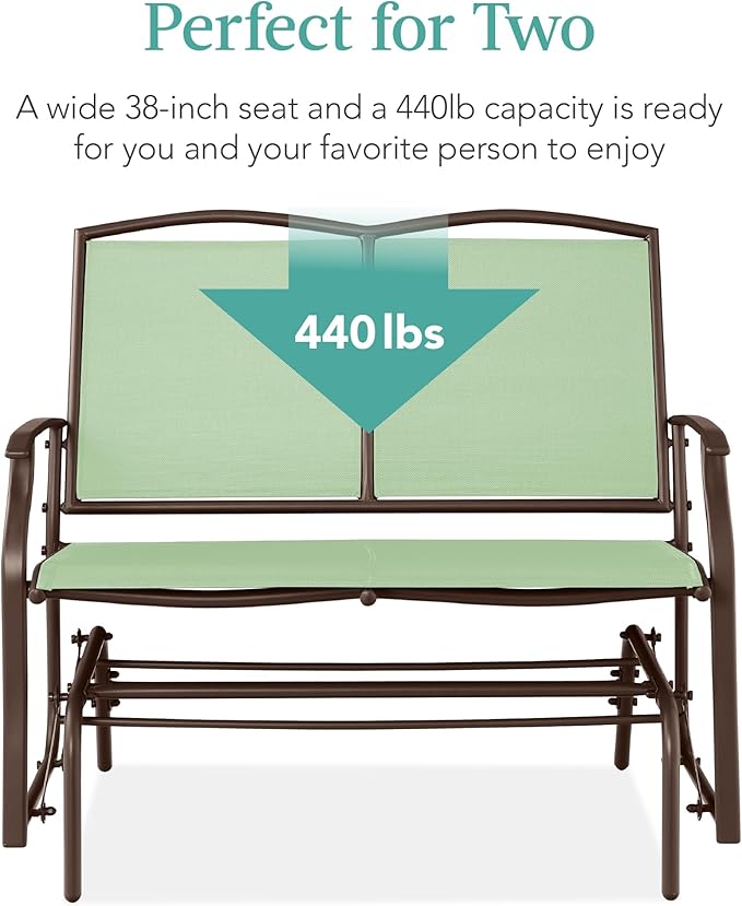 Best Choice Products 2-Person Outdoor Patio Swing Glider Steel Bench Loveseat Rocker for Deck, Porch w/Textilene Fabric, Steel Frame - Sage Green/Brown