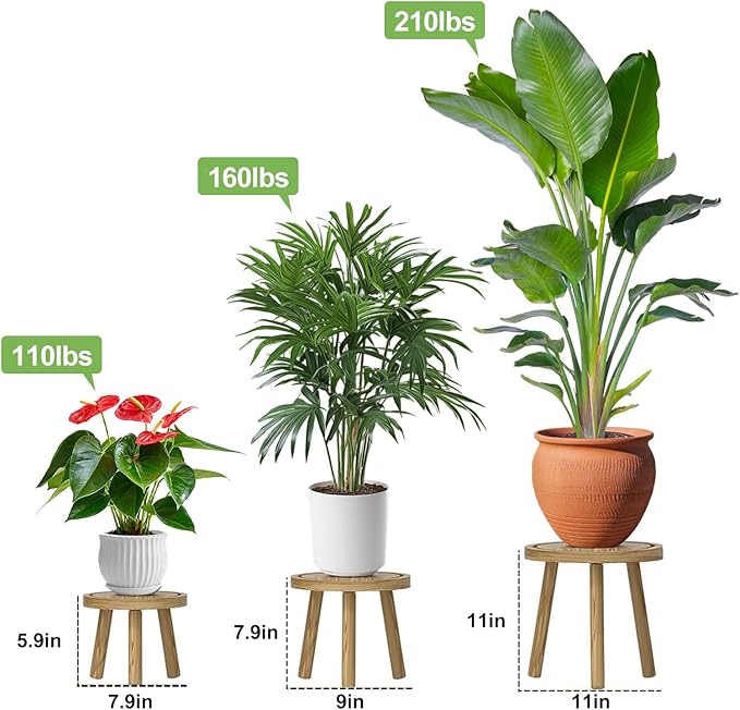 3 Pack Plant Stand Indoor Outdoor Mid-Century Modern Plant Stool Wooden Plant Pot Holder Home Decor for Gardening Living Room,Balcony,Office (Light Burnt Color, 3 Pack)
