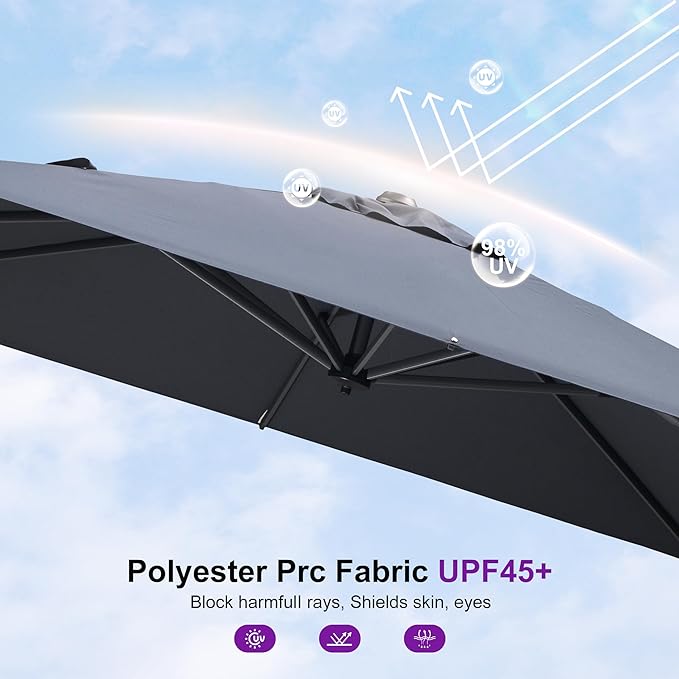 PURPLE LEAF 8' X 8' Patio Umbrella with Wheeled Base for Pool 7' High Offset Outdoor Cantilever Umbrella Swimming Pool Umbrella with 360°Rotation for Poolside Grey