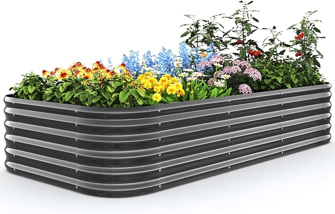 Quictent Galvanized Raised Garden Bed Kit, 8x4x1.5 ft Oval Metal Planter Box Tall for Vegetables Outdoor Backyard, Strengthened by Crossbar, Dark Gray