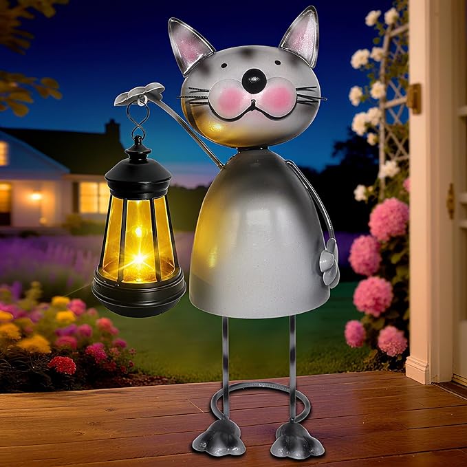 Garden Decor Cat Solar Statues,Unique Garden Statues Cat with Solar Lantern Waterproof, Birthday Gifts for Women Mom Grandma, Front Patio Balcony Yard Art Lawn Ornaments Porch Outdoor Decoration