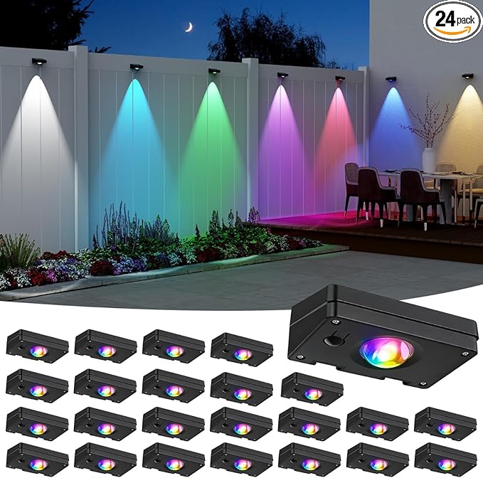 Solar LED Wall Light,RGB Color Changing Spotlight - Waterproof Outdoor Garden Path Lighting,10 Modes Auto On/Off,IP44 ABS Material,30H Runtime No Wiring Needed for Yard & Courtyard (24 P)