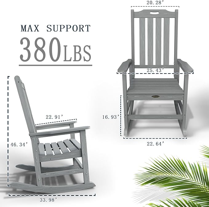 Oversized Rocking Chair, Outdoor Rocking Chair for Adults, All Weather Resistant Porch Rocker for Lawn Garden, Grey