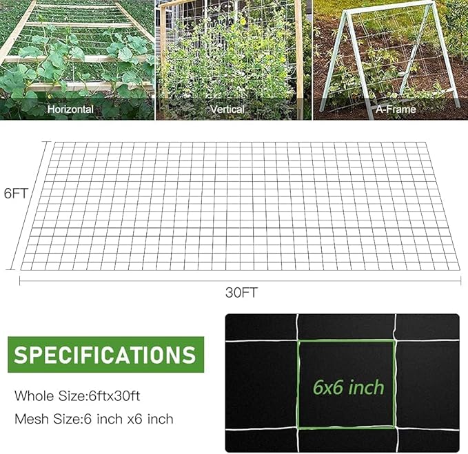 Trellis Netting, CANAGROW Heavy-Duty Garden Plant Trellis Netting for Climbing Plants, Outdoor Indoor Grow Net for Beans Tomatoes Peas Pumpkin Flowers, 𝟔 𝐱 𝟑𝟎𝐟𝐭, 𝐏𝐚𝐜𝐤 of 4