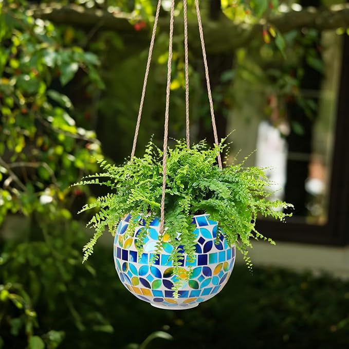 Ceramic Hanging Planter Mosaic Hanging Flower Pot Small Plant Pot for Indoor Plant Disco Ball Planter with Drainage Square Blue