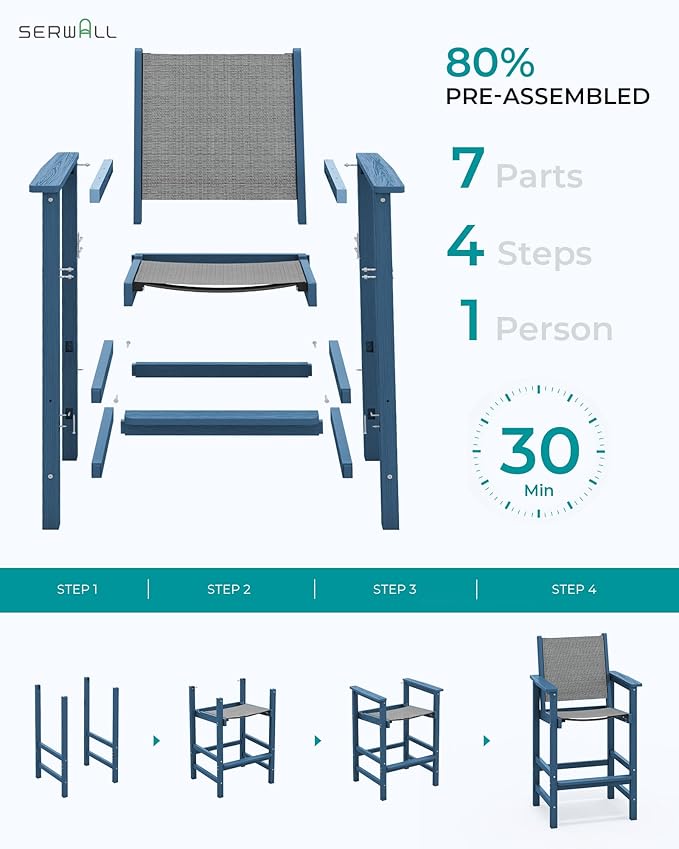 SERWALL 3 Pieces Textilene Adirondack Bar Set, Tall Adirondack Bar Height Chairs with Bar Table, Sling Balcony Adirondack Chairs, Weather Resistance Resin Outdoor Bar Height Stools, Blue