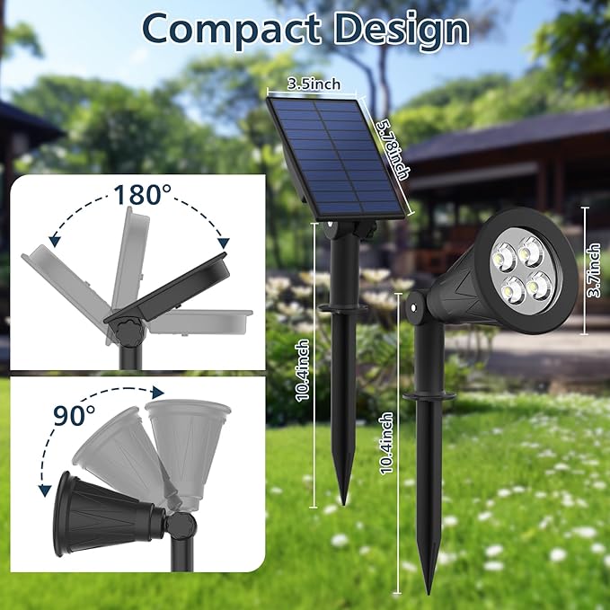 T-SUNUS Christmas Solar Powered LED Spot Light White 6000K, Separated Panel with 9.8ft Cable IP65 Waterproof Spotlights Outdoor Landscape Garden Lights for Flag Patio Yard Driveway Halloween 2 Pack