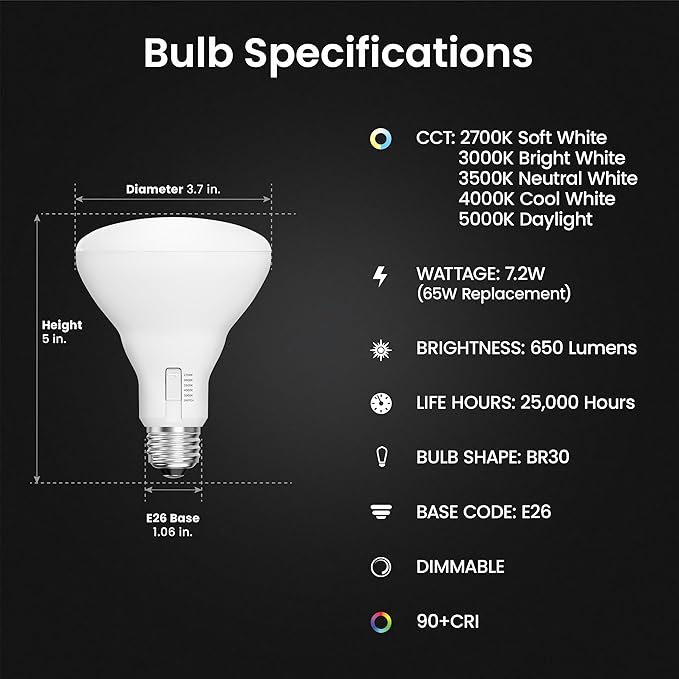 Feit Electric BR30 LED Light Bulb, 65W Equivalent, Dimmable, 650 Lumens, 5-Color Adjustable White, 90+ CRI, General Purpose Flood & Track Lighting, 25,000-Hour Lifetime, BR3065DM/6WYCA/6, 6 Pack