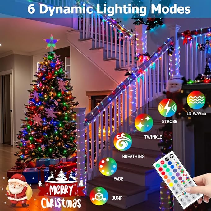 200ft Outdoor Rope Light, IP68 Waterproof 25 Color Changing String Lights with 149 Modes, Warm White & RGB LED Multicolor Twinkle Fairy Tube Lights for Indoor & Outside Railing, Balcony, Patio Decor