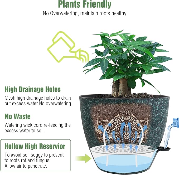 12inch 2Pack Large Self Watering Planters, Plastic Plant Pots with 60oZ Removable Deep Reservoir and Multi Mesh Drainage Holes for Indoor Outdoor Garden Plants and Flowers, Black with Green Speckles