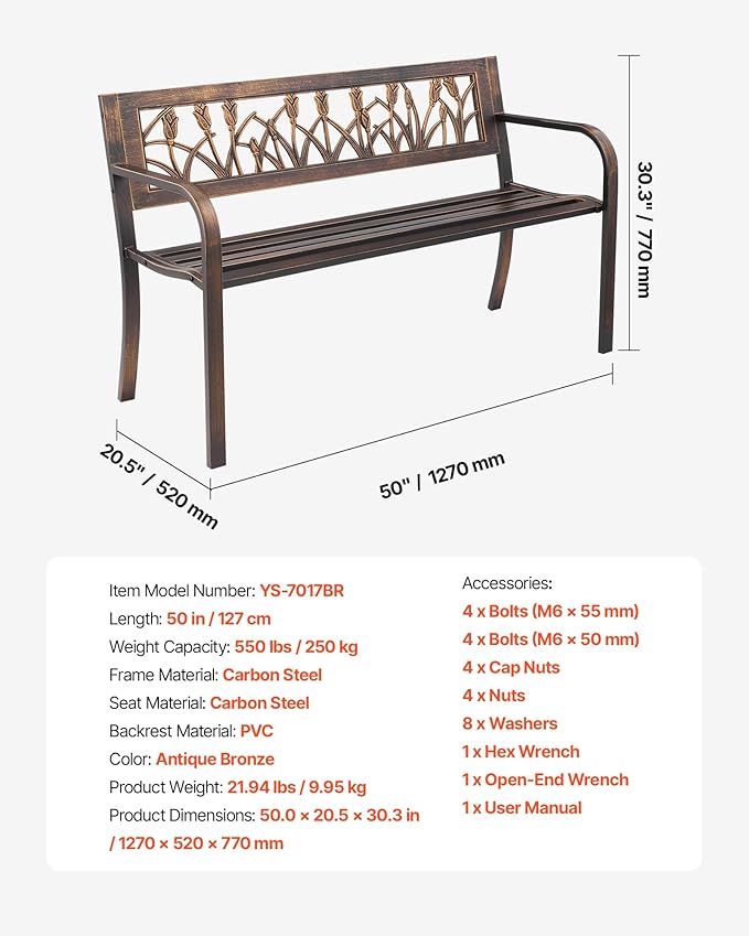 VEVOR Outdoor Bench, 50 inch, Carbon Steel Metal Frame with PVC Floral Pattern Backrest and Round Edge Armrests, Weatherproof Outside Bench for Patio, Garden, Park, Yard, Front Porch, Antique Bronze
