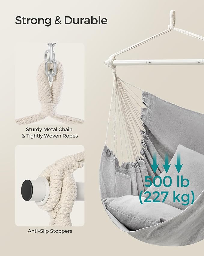 SONGMICS Hammock Chair, Load Capacity 500 lb, Hanging Chair with 2 Cushions, Large Hammock Swing with Chain and Pocket, for Indoor, Outdoor, Living Room, Bedroom, Dove Gray UGDC197G01
