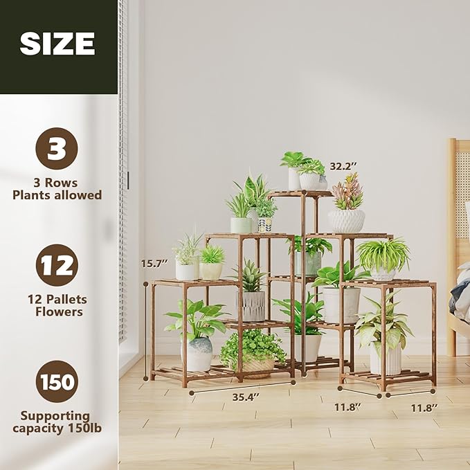 Bamworld Plant Stand Indoor Outdoor Corner Shelf 11 Potted Large Holder for Multiple Plants Wooden Tall Stands Combo Table Rack Garden Patio Lawn Window