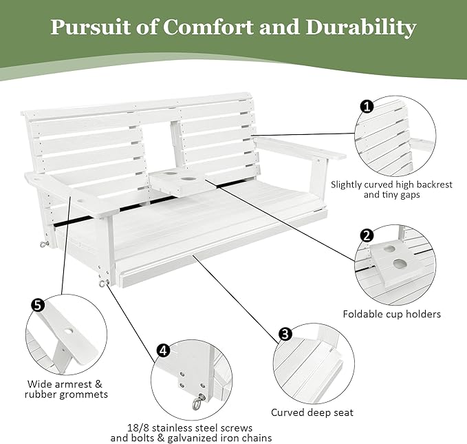 Poly Lumber 3-Seat Porch Swing, HIPS 5-Feet Bench Swing with Foldable Cup Holders,18/8 Stainless Steel Hardware, High Backrest and Deep Contoured Seat, Snow White