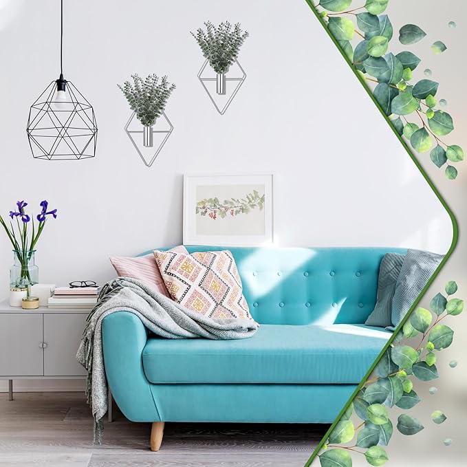 Jexine 4 Pcs Hanging Planters with Artificial Eucalyptus, Chrome Silver Wall Decor Metal Hanging Vase Indoor Plants Holder Modern Geometric Bathroom Decor for Living Room Home Office