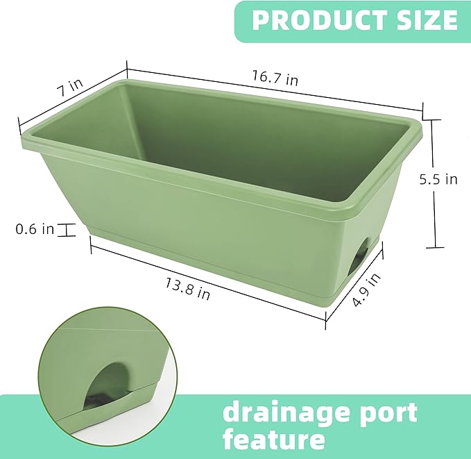 Window Box Planter, 7 Pack Plastic Vegetable Flower Planters Boxes 17 Inches Rectangular Flower Pots with Saucers for Indoor Outdoor Garden, Patio, Home Decor