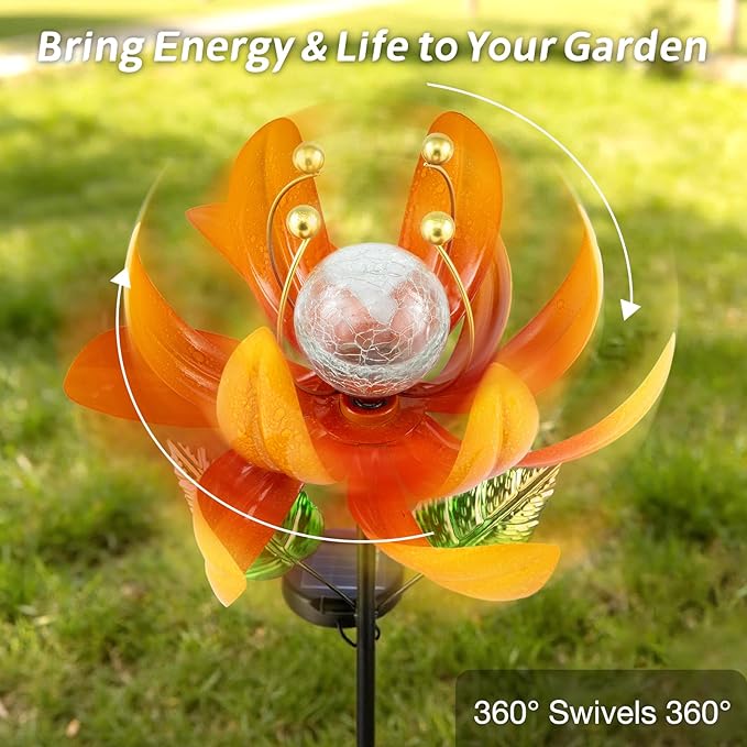 Outdoor Solar Lights Garden Decor,Wind Spinner Yard Decorations for Outside, Lotus Garden Windmill with LED Cracked Crystal Waterproof Flower Sculpture for Patio Lawn Gardening Gifts