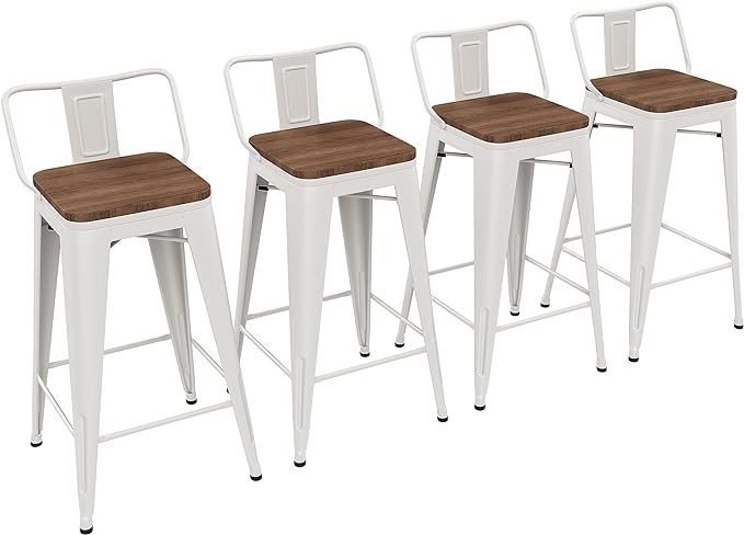 Yongchuang 24 inch Metal Bar Stools Set of 4 Counter Height Barstools Farmhouse Kitchen Bar Chairs with Wood Seat Low Back Cream White