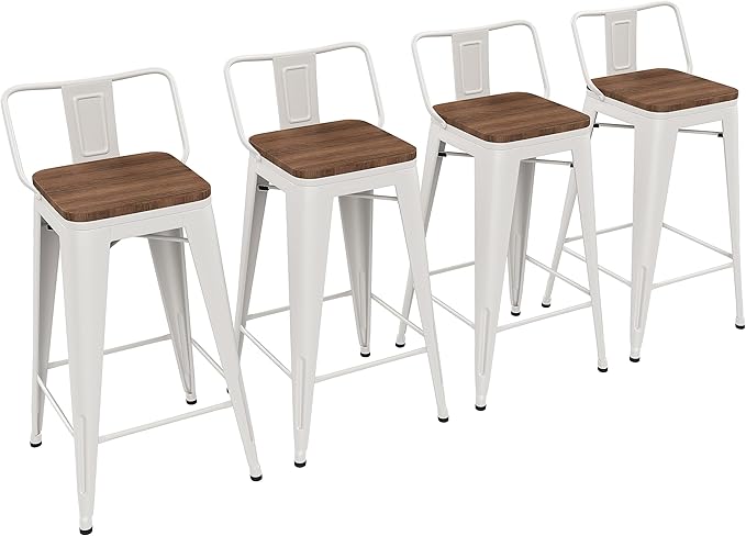 Yongchuang 26 inch Metal Bar Stools Set of 4 Counter Height Barstools Farmhouse Kitchen Bar Chairs with Wood Seat Low Back Cream White