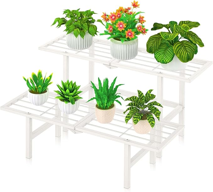 2 Tier Metal Plant Stand Outdoor Indoor, Separated Tiered Outdoor Folding Plant Shelf, Ladder Plant Stands Display Rack for Garden Window, 8.3/15.4'' Tall (White)