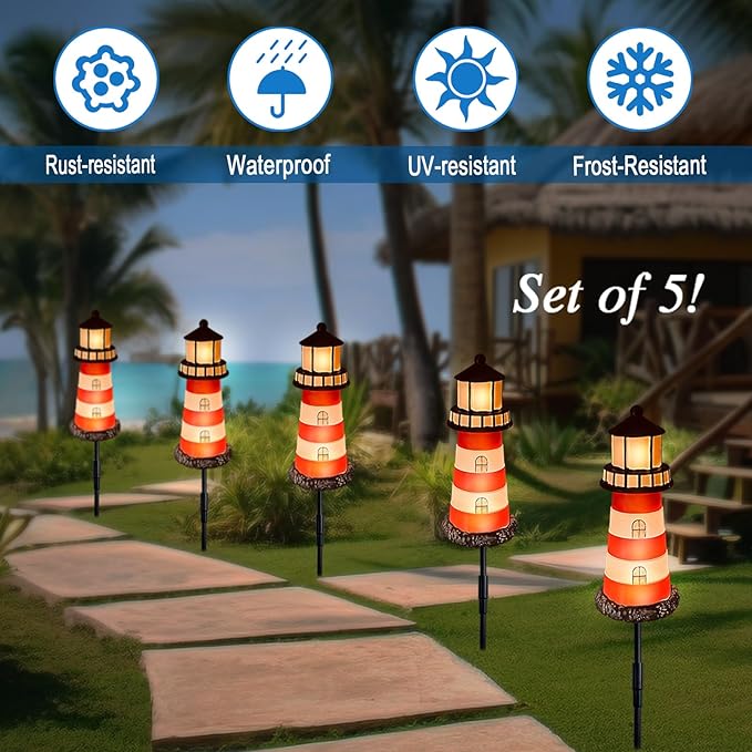 5 Pack Lighthouse Gifts,Hokfirm Solar Garden Lights Outdoor Garden Stake, IP65 Solar String Lights Outdoor Waterproof (Red)