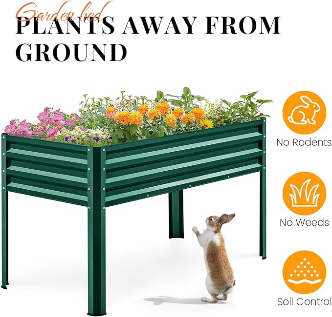 KING BIRD Large Raised Garden Bed with Legs Galvanized Elevated Planter Box 48×24×32 in for Backyard, Patio, Balcony, 400lb Capacity, Green