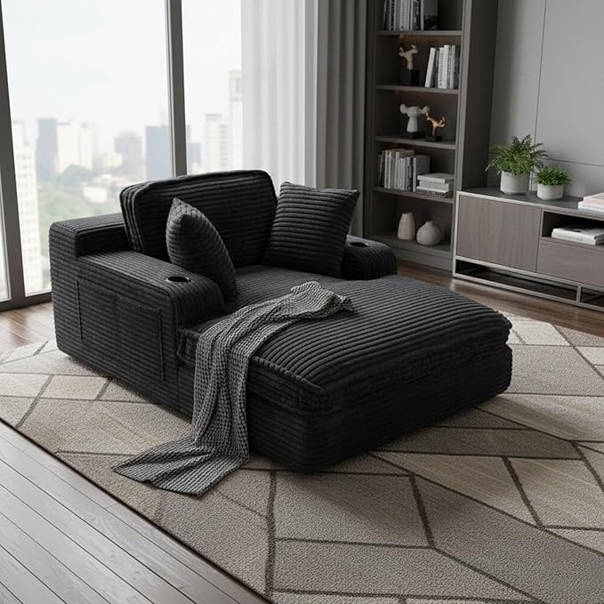 67" Oversized Chaise Lounge Chair Indoor, Soft Boneless Cloud Couch with 3 Pillows, 4 Side Pockets and 2 Cup Holders, Comfy Corduroy Sleeper Couch for Living Room Bedroom