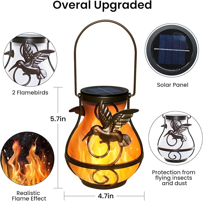 2 Pack Solar Lanterns Outdoor Waterproof, Hanging Hummingbird Flickering Flame Light Garden Decor Hanging Lights Decorative for Outside Patio Pathway Yard Christmas Birthday Gifts