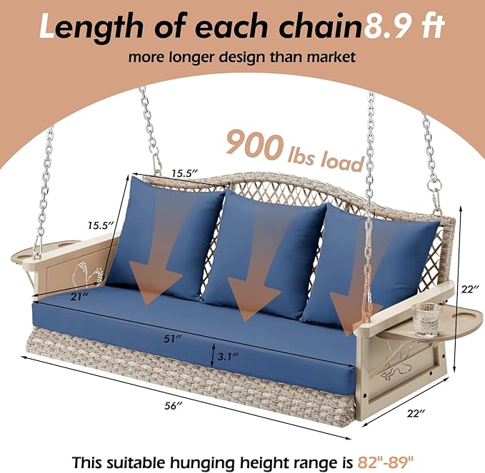 Upgraded Wicker Hanging Porch Swing Heavy Duty 900 LBS 3-Seat Outdoor Patio Swing Chair Bench for Adult w/ 8.9ft Hanging Chains Cushions and Cup Holder(Grey/Blue)