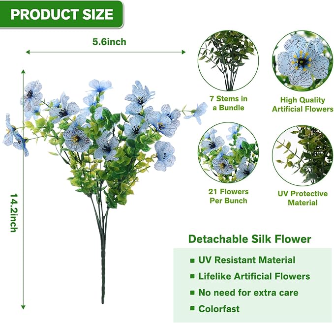 Artificial Flowers for Outdoor Indoor,Silk Flowers No Fade Fake Plastic Flowers Faux Plants for Outdoors Outside Front Porch Hanging Planter Window Box Garden Home Decoration,13 Pack(Blue)