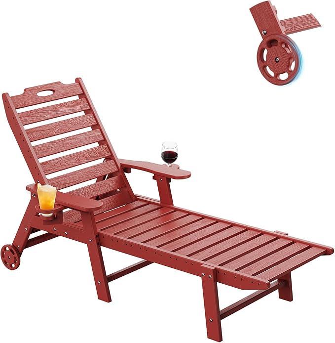 Carauci Lounge Chair Outdoor, HDPE Chaise Lounge with Wheels, 5-Position Adjustable Backrest & 2 Cup Holders Patio Lounge Chair, All-Weather Pool Sun Lounger for Poolside, Backyard, Red