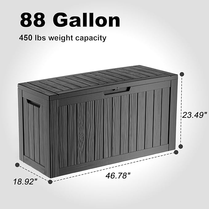 ROJIK Outdoor Storage Housing Deck Box - Waterproof Patio Furniture, Garden Tools, Cushions, Pool Accessories Storage Bench with Lockable Lid and Side Handles (Black 88 Gal)