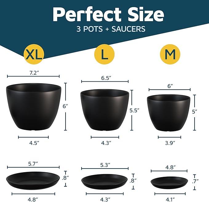 Black Plant Pots with Drainage Holes & Saucers 3 Pack, Indoor & Outdoor Stackable Space-Saving Planters for Houseplants & Flowers, (7", 6.7", and 6" Inches), Durable & Weatherproof Materials