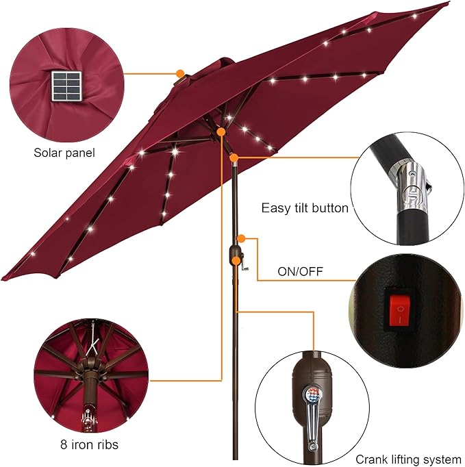 Blissun 9 ft Solar Umbrella, 32 LED Lighted Patio Umbrella, Table Market Umbrella, Outdoor Umbrella for Garden, Deck, Backyard, Pool and Beach (Burgundy)