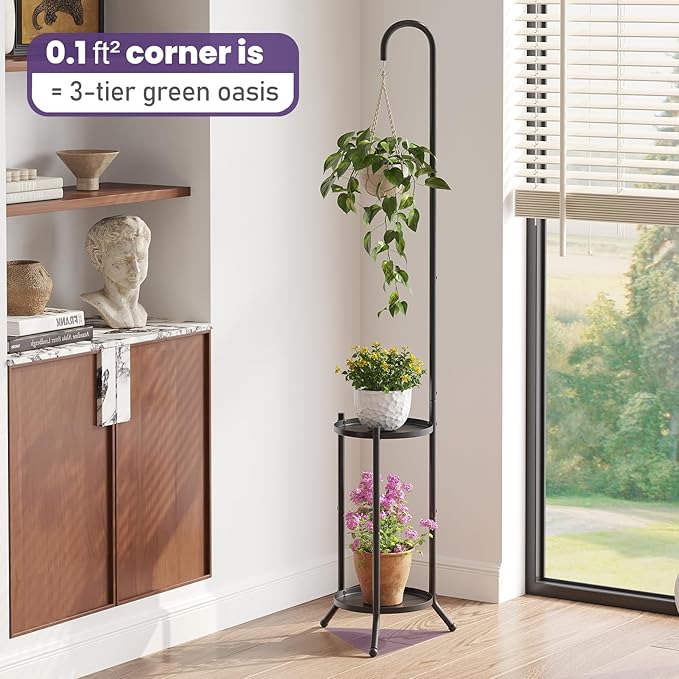 2-Tier Metal Plant Stand with Hanging Hook, Indoor Outdoor Plant Shelf,Heavy Duty Plant holder Rustproof Iron Multiple Plant Round Supports Rack for Planter Corner Garden Balcony Patio (Black)