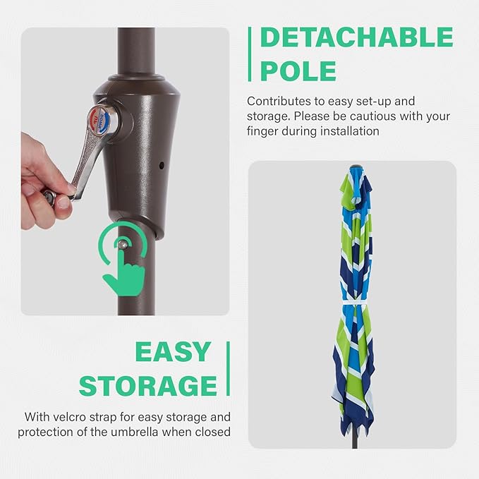 JEAREY 6.5x10 ft Rectangular Patio Umbrellas Rectangle Outdoor Umbrella with Push Button Tilt and Crank, Market Table Umbrella 6 Sturdy Ribs UV Protection for Poolside Garden Backyard Deck, Blue-Green Stripe