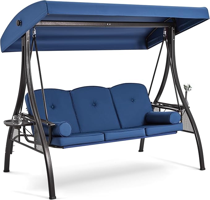 HOMREST 3 Seat Outdoor Porch Swing with 1.5" Deepened Cup Holder, Adjustable Canopy, Patio Swing Bed with Stand, Patio Glider Swing with Thicken Cushions, Pillow for Yard, Garden(Blue)